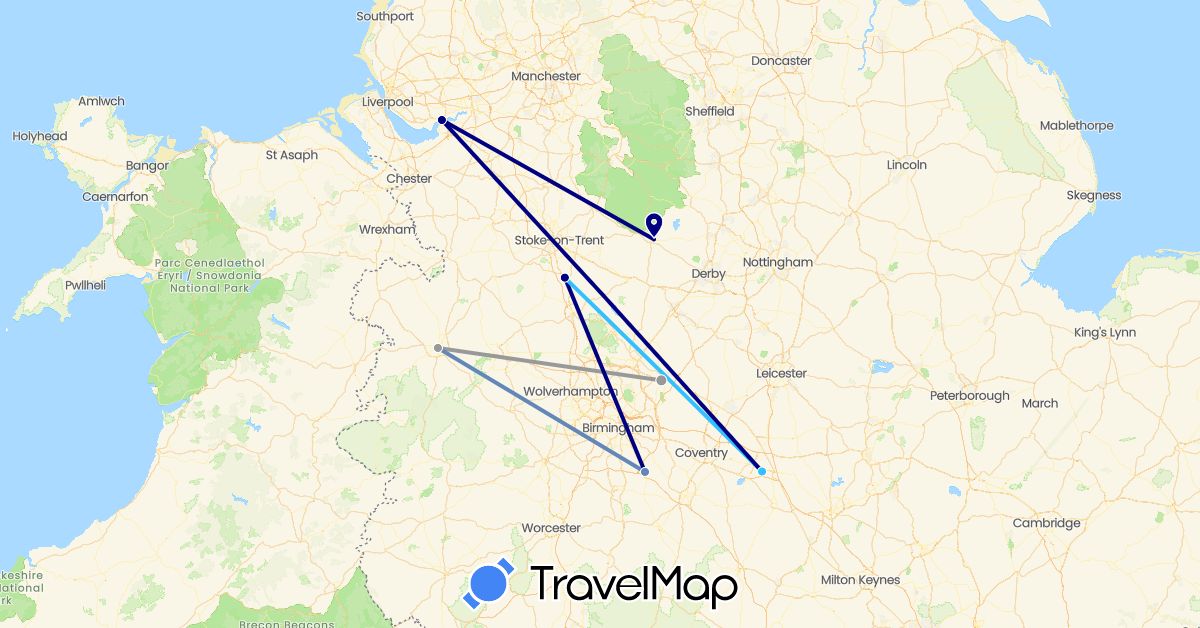 TravelMap itinerary: driving, plane, cycling, boat in United Kingdom (Europe)